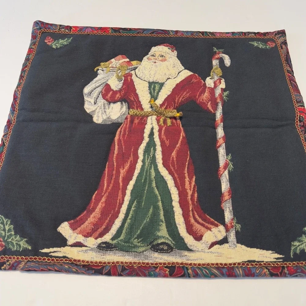 Vintage Santa Claus Woven Tapestry Wall‎ Hanging Paisley Border 18.5x17